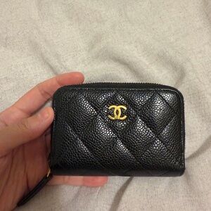 CHANEL Black Quilted Wallet with Gold Logo